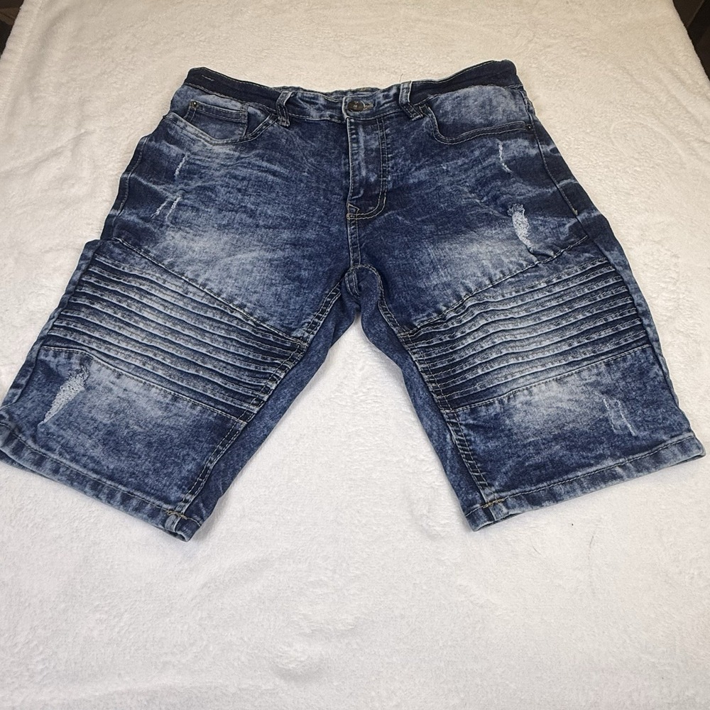 Southpole Slim Distressed Denim Moto Shorts Blue Acid Wash Men's Size 30